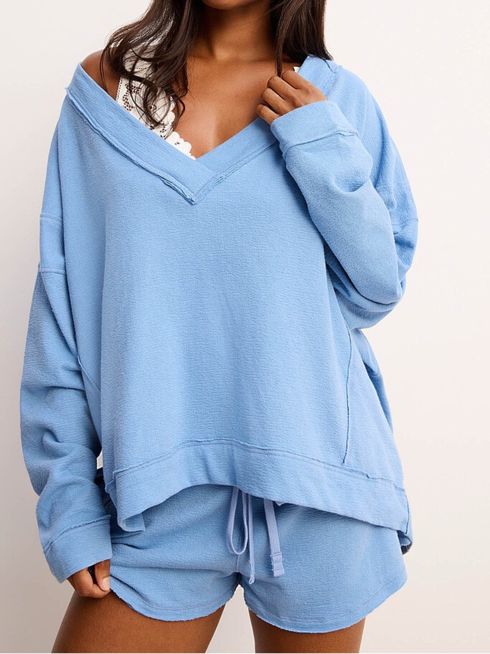 Free People Staycation Lounge Set Small Oversized Blue Vneck Pullover Shorts